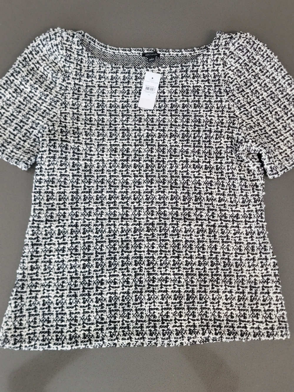 NWT Ann Taylor Black & White Textured Tweed Knit Boatneck Top - Size M